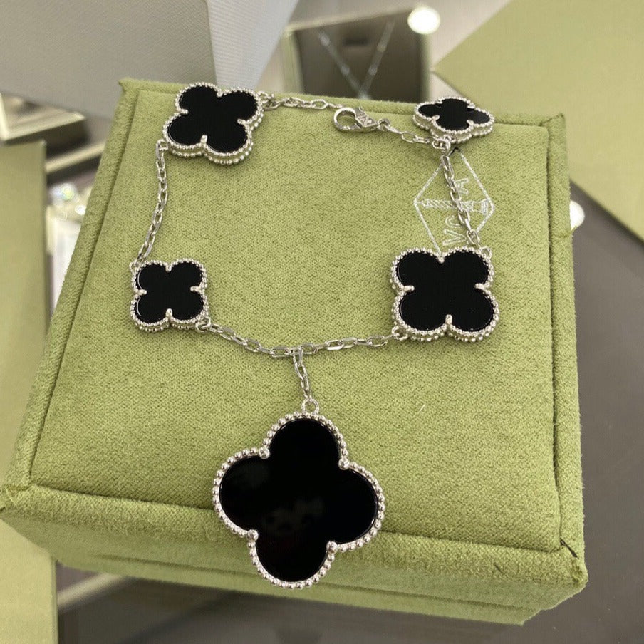 Van Cleef & Arpels CLOVER 5 MOTIFS SIVLER ONYX BRACELET