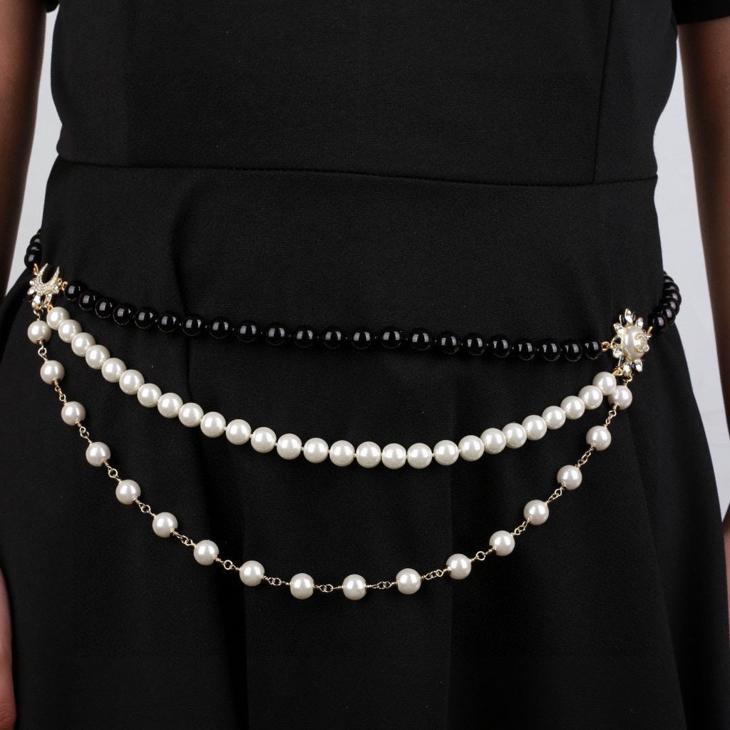 CHANEL 25S CHAIN BELT IN WHITE AND BLACK PEARL 614477