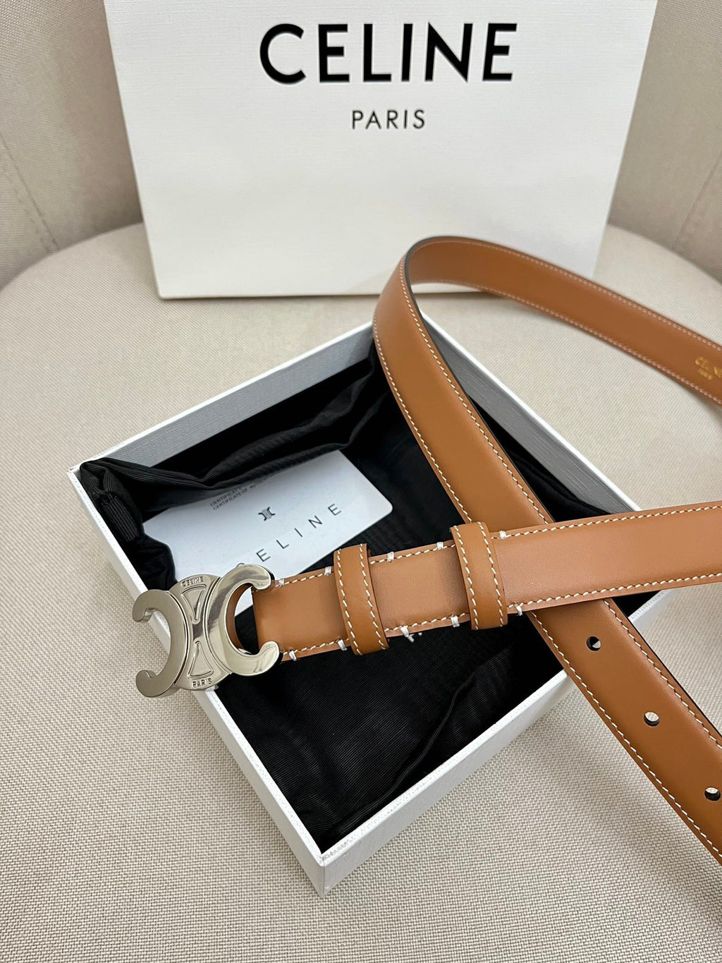 CELINE 25S TRIOMPHE 25MM BELT IN CARAMEL CALFSKIN SILVER HARDWARE