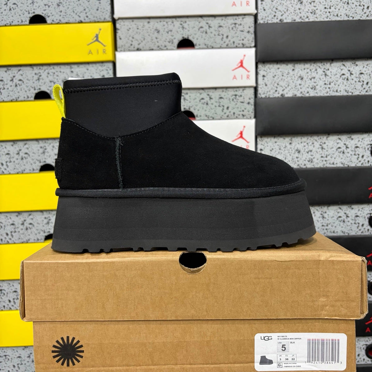 UGG Classic Mini Weather Hybrid Women's Boot – Suede & Stretch Collar Ankle Boot with Neon Yellow Pull Tab, UGG SugrSole & Weather-Resistant Construction in Black