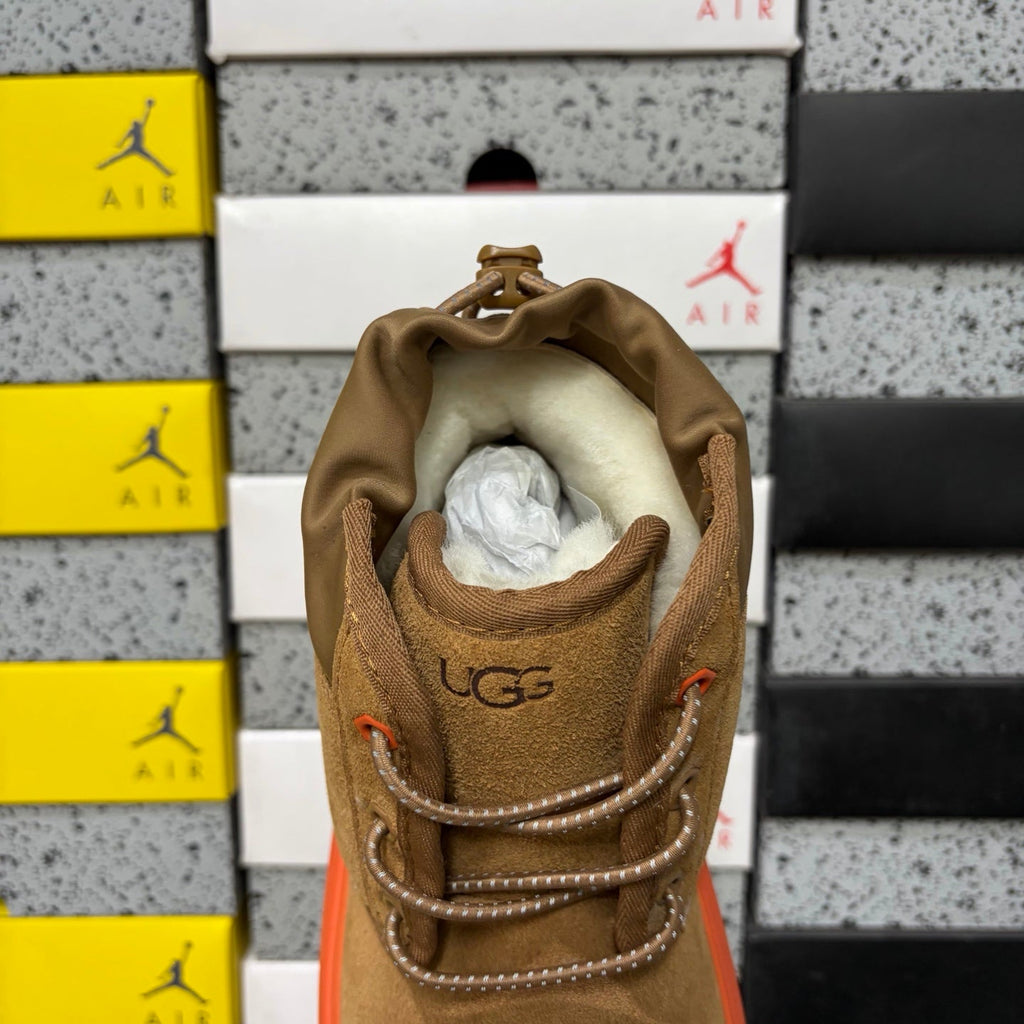 UGG Lace-Up Hiker Chukka Boot – Suede Boot with Orange Lug Sole, Drawstring Collar & UGG Diamond Heel in Tan