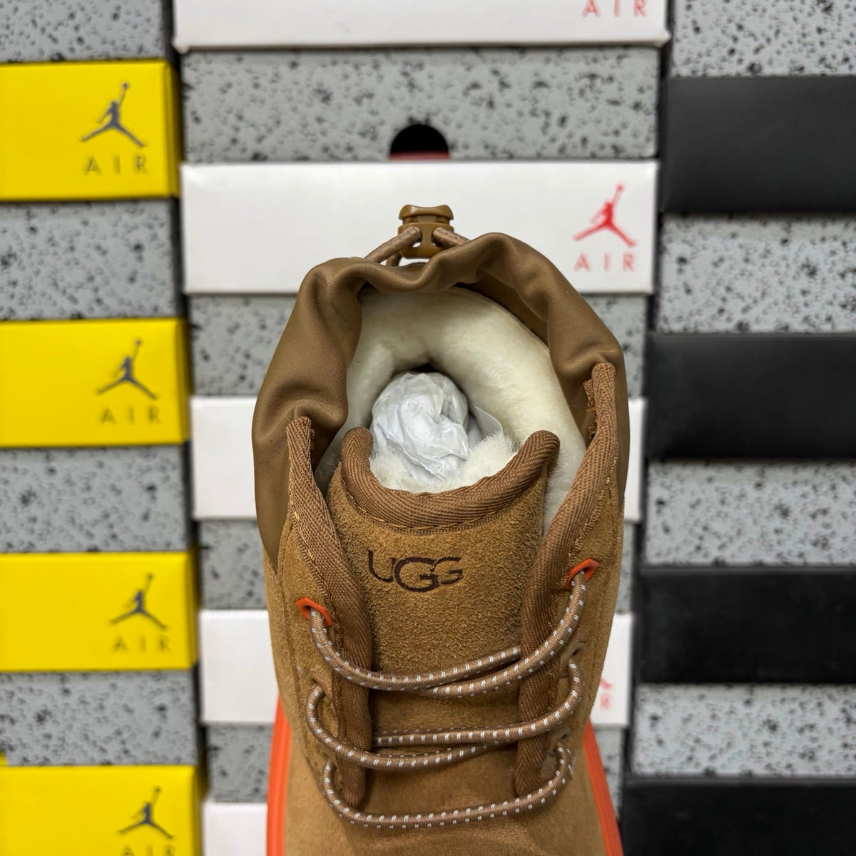 UGG Lace-Up Hiker Chukka Boot – Suede Boot with Orange Lug Sole, Drawstring Collar & UGG Diamond Heel in Tan