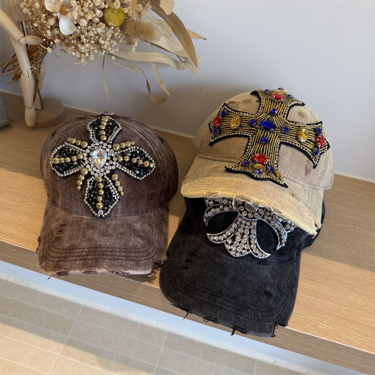 Rhinestone Cross Beaded Distressed Baseball Cap Streetwear Multi‑Style