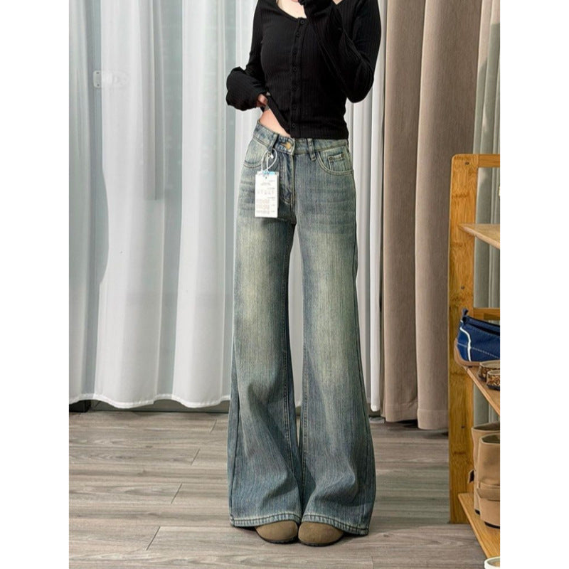 Vintage Washed Slub Flare Denim Jeans High Waist Slim Bootcut Pants