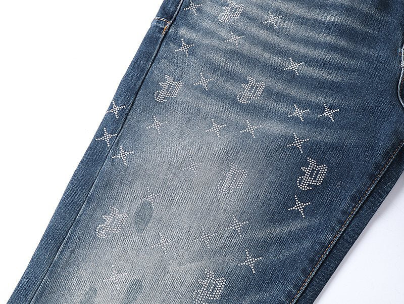 Purple Brand Blue Rhinestone-Style Motif Jeans