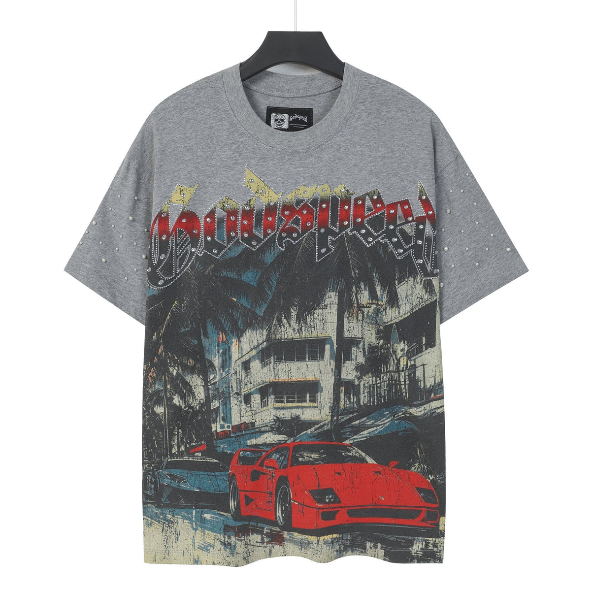 Godspeed Car & Building Graphic Studded-Sleeve T-Shirt