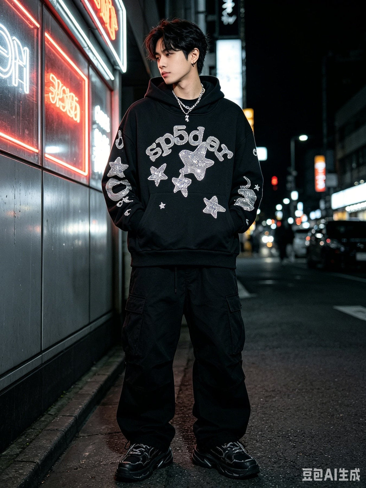 Sp5der Rhinestone-Style Star Graphic Hoodie