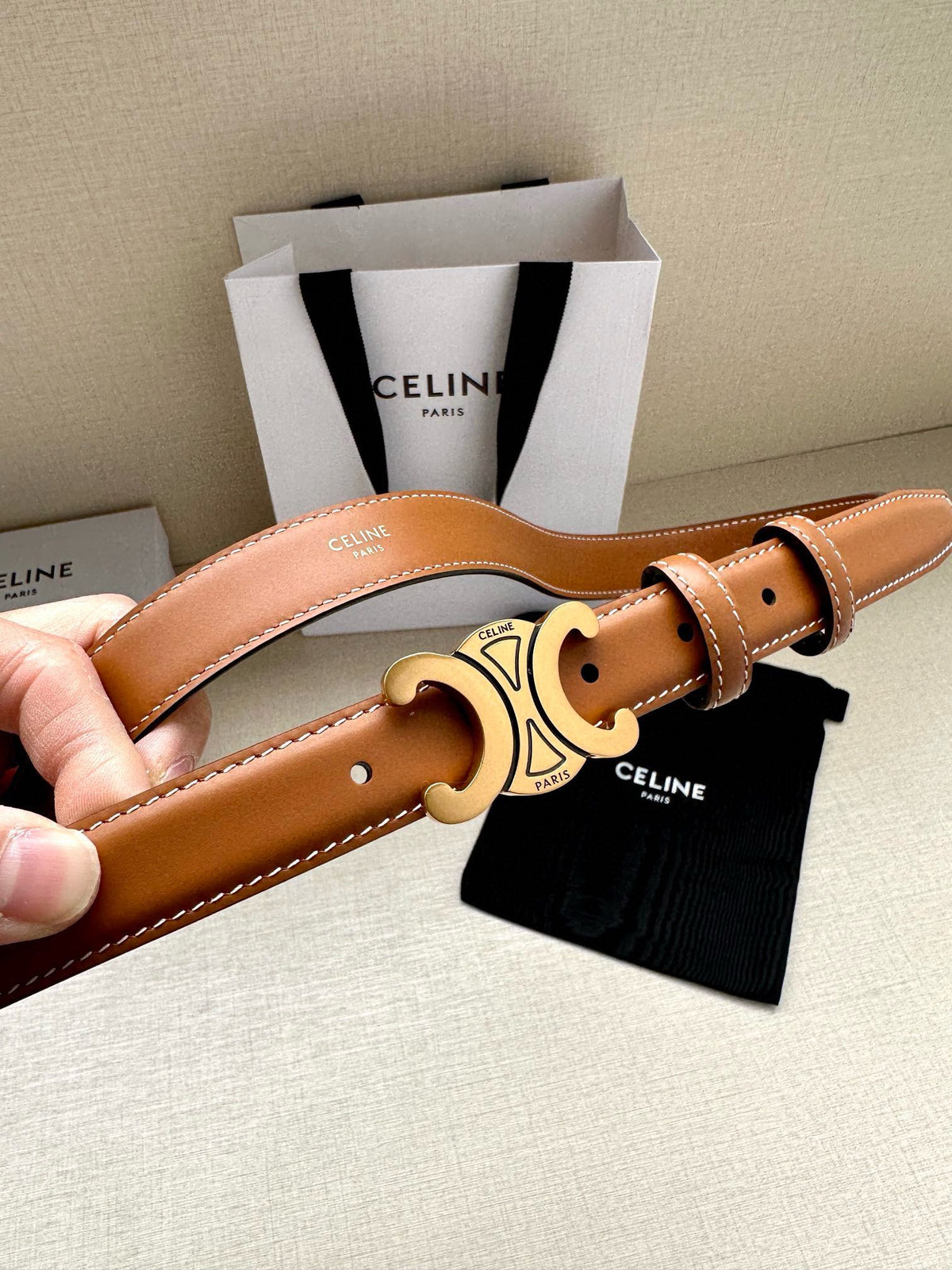 CELINE 25S BELT TRIOMPHE TAURILLON 25MM IN CARAMEL CALFSKIN 557498
