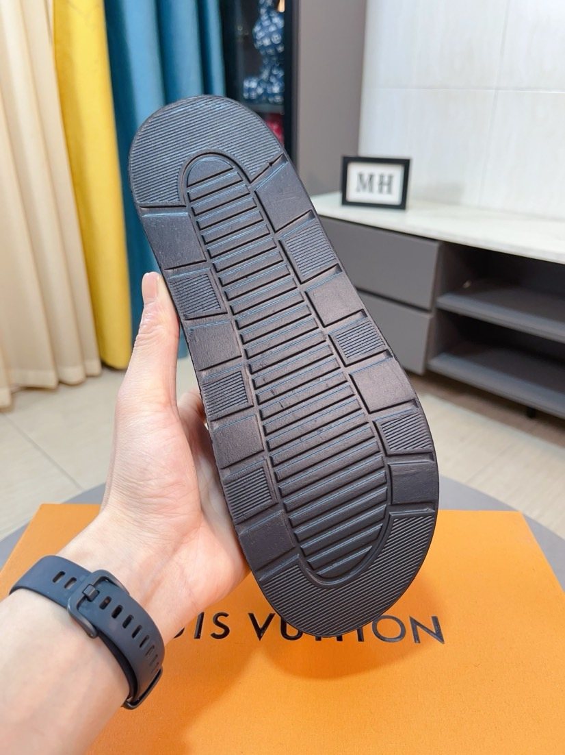 Louis Vuitton Men's Patterned Strap Slide Sandals - Black and Dark Brown