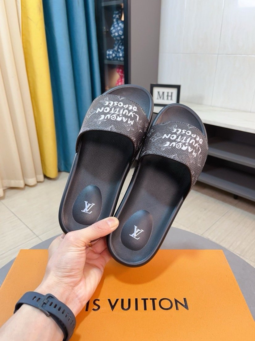 Louis Vuitton Men's Patterned Strap Slide Sandals - Black and Dark Brown