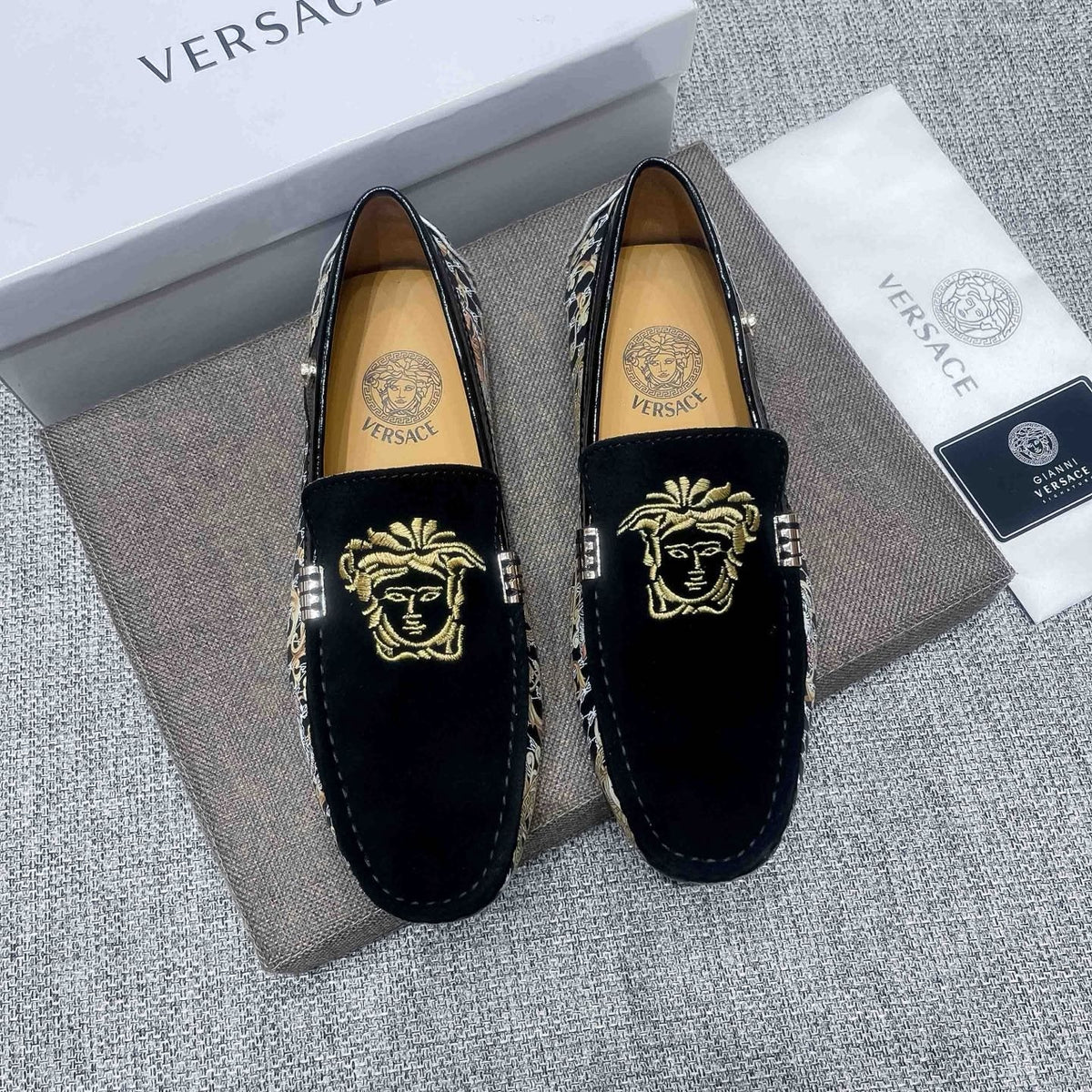 Versace Men's Black Patterned Side Loafers