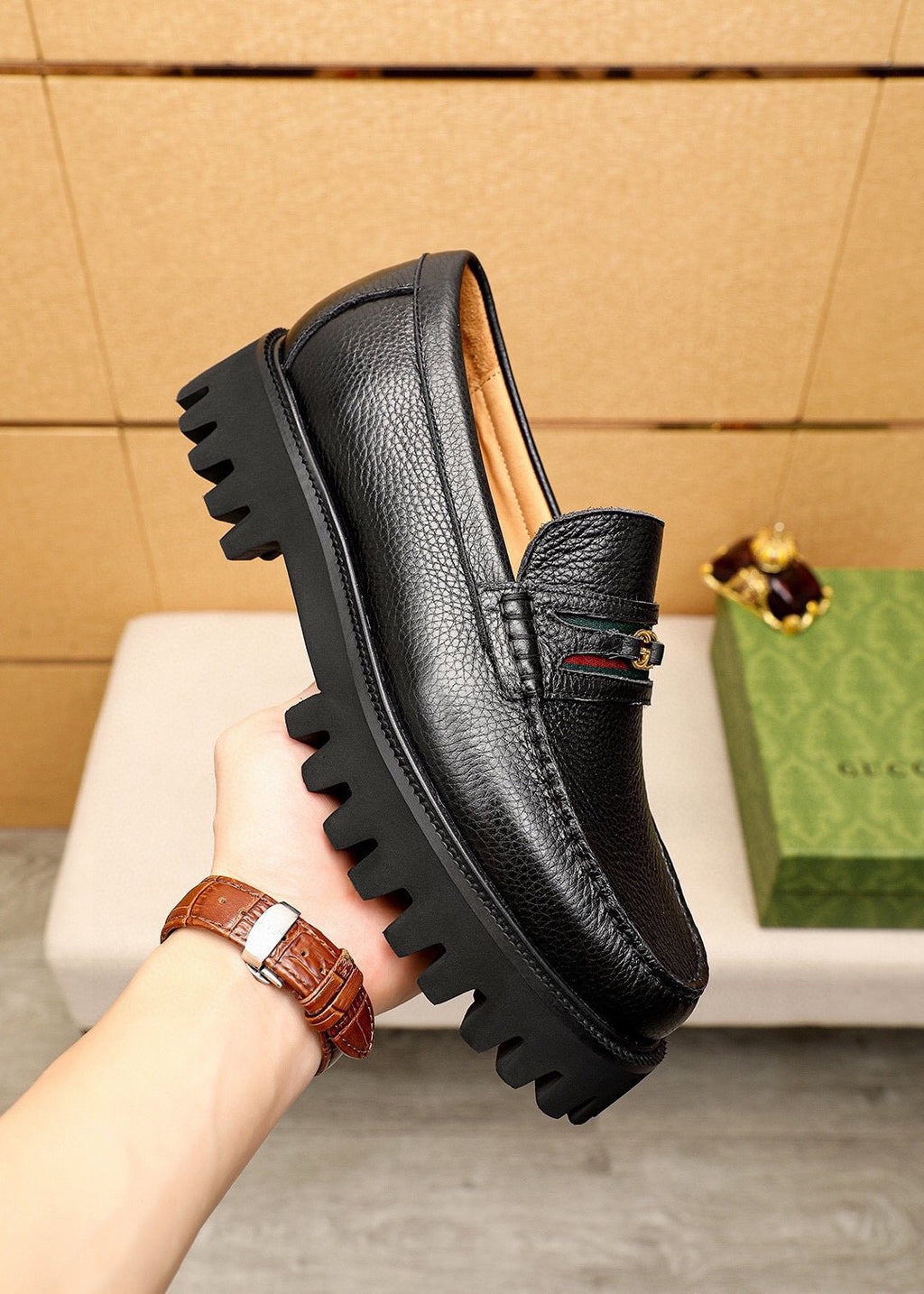 Gucci Black Metal-Bit Lug Sole Loafers