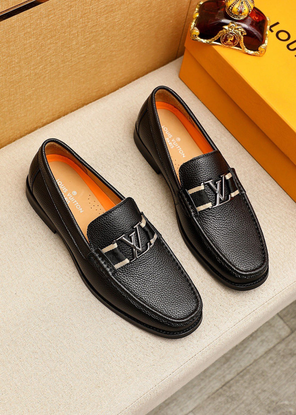 Louis Vuitton Black Pebbled Leather Loafers - Silver-Tone Hardware