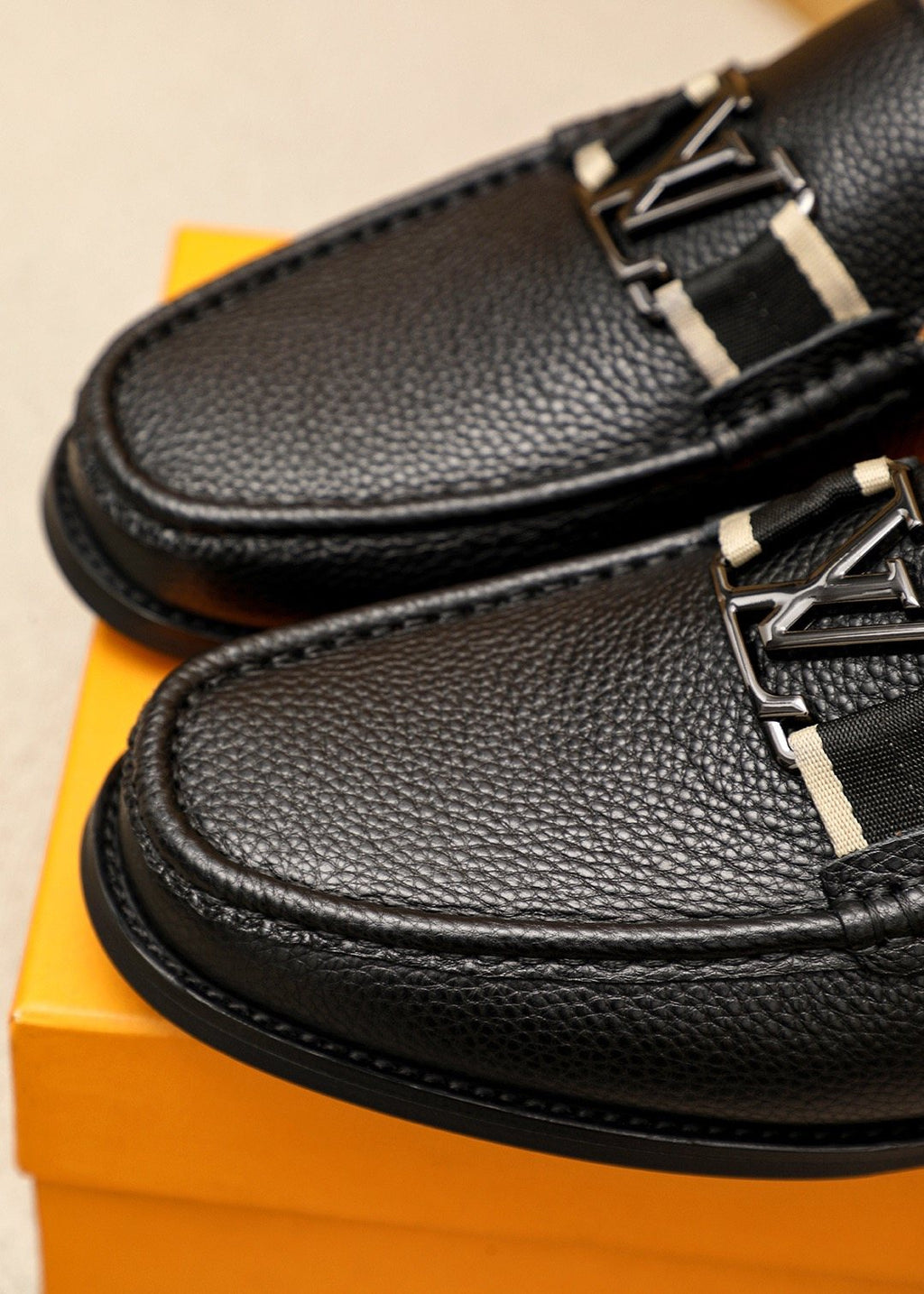 Louis Vuitton Black Pebbled Leather Loafers - Silver-Tone Hardware