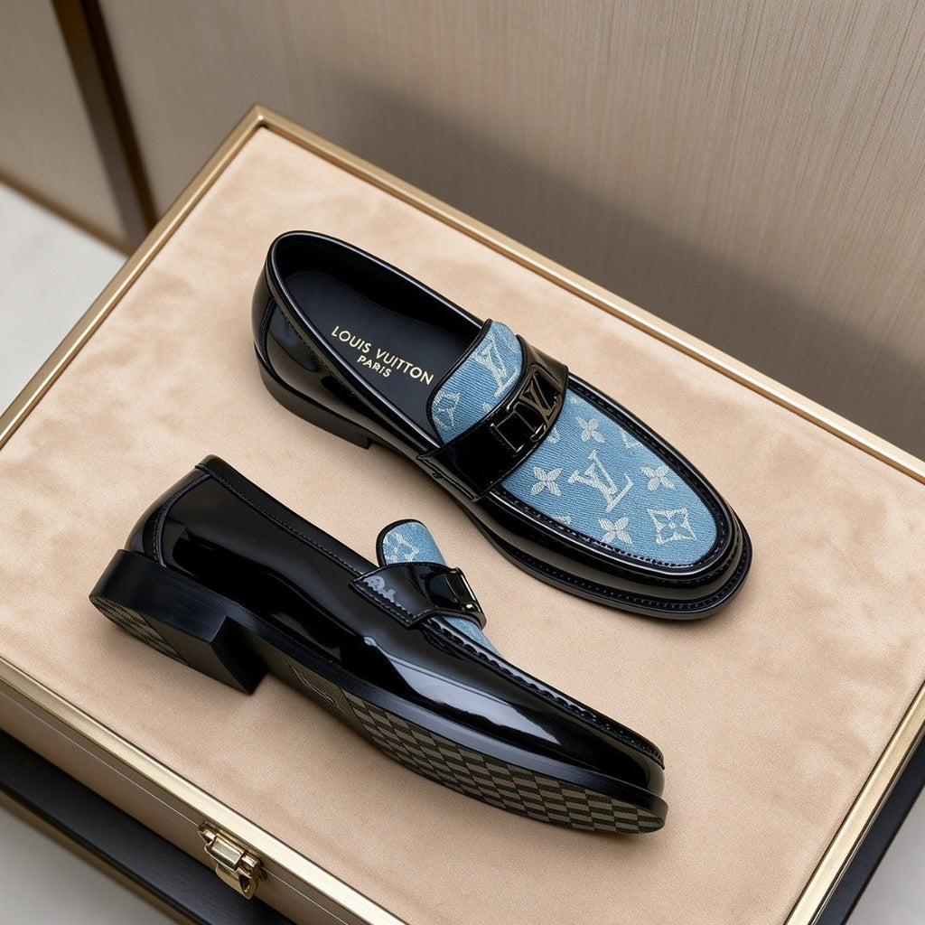 Louis Vuitton Black Loafers with Blue Patterned Vamps