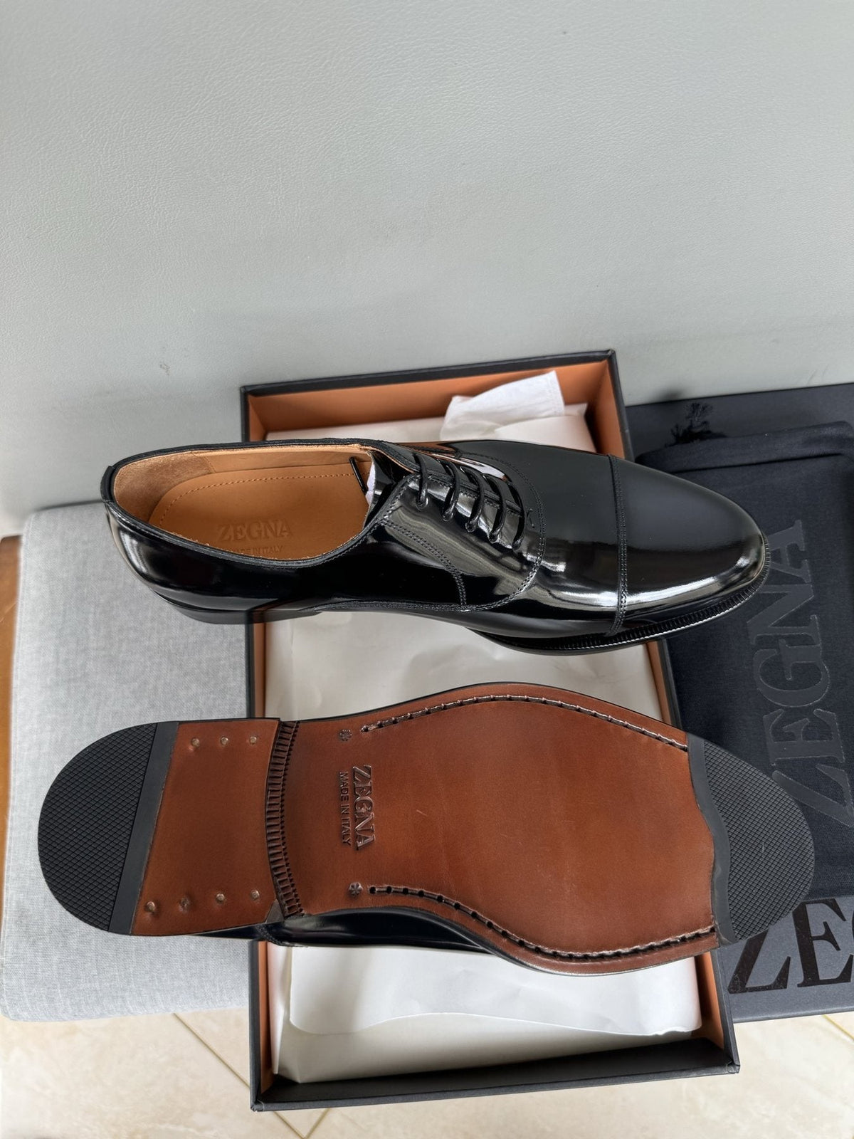 Zegna Men's Black Patent Leather Oxford Shoes