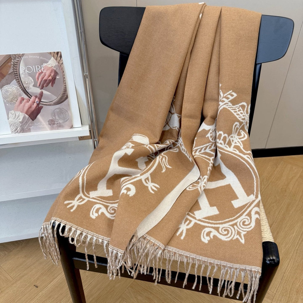 Fringed Knit Scarf with Ornamental Motif