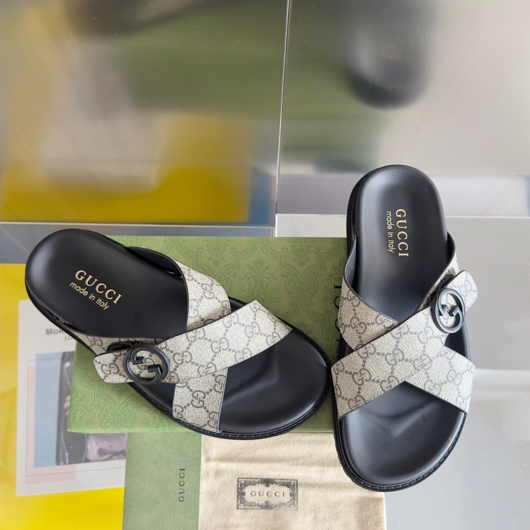 Gucci Beige Monogram Crossover Slide Sandals