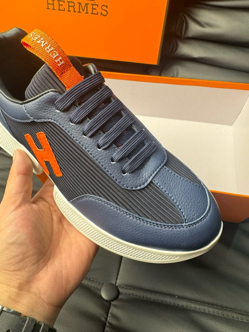 Hermès Navy Orange H-Detail Sneakers