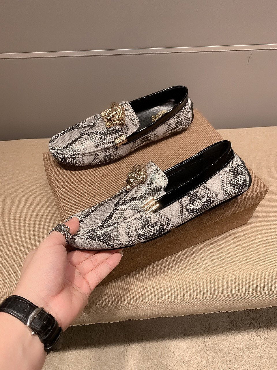 Versace Men's Gray Snakeskin Slip-On Loafers