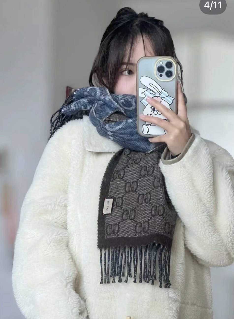 Gucci Reversible Blue and Brown Fringed Scarf