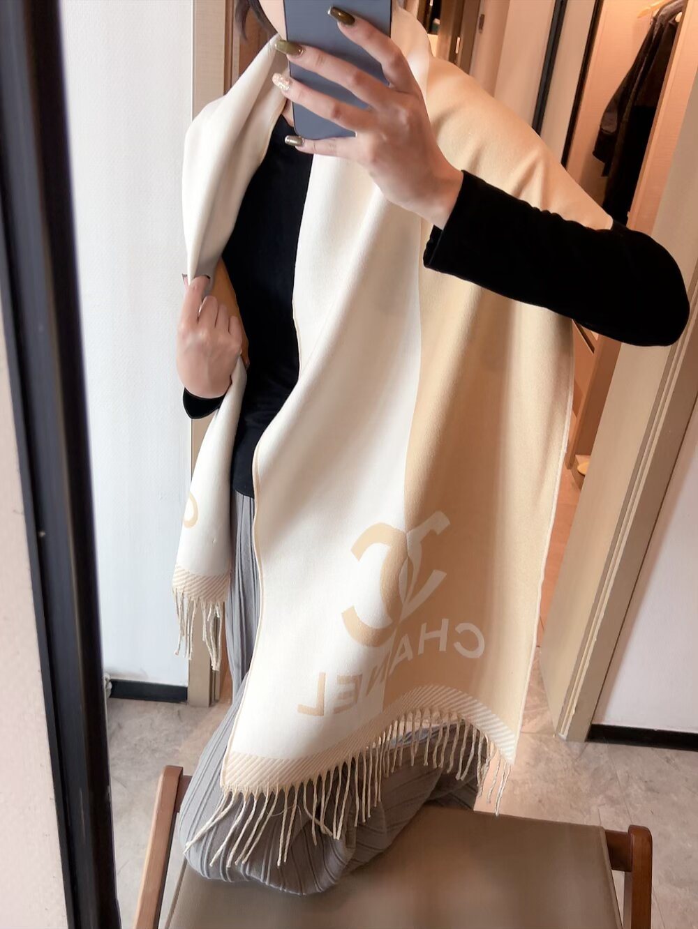 Chanel Logo Panel Fringed Scarf