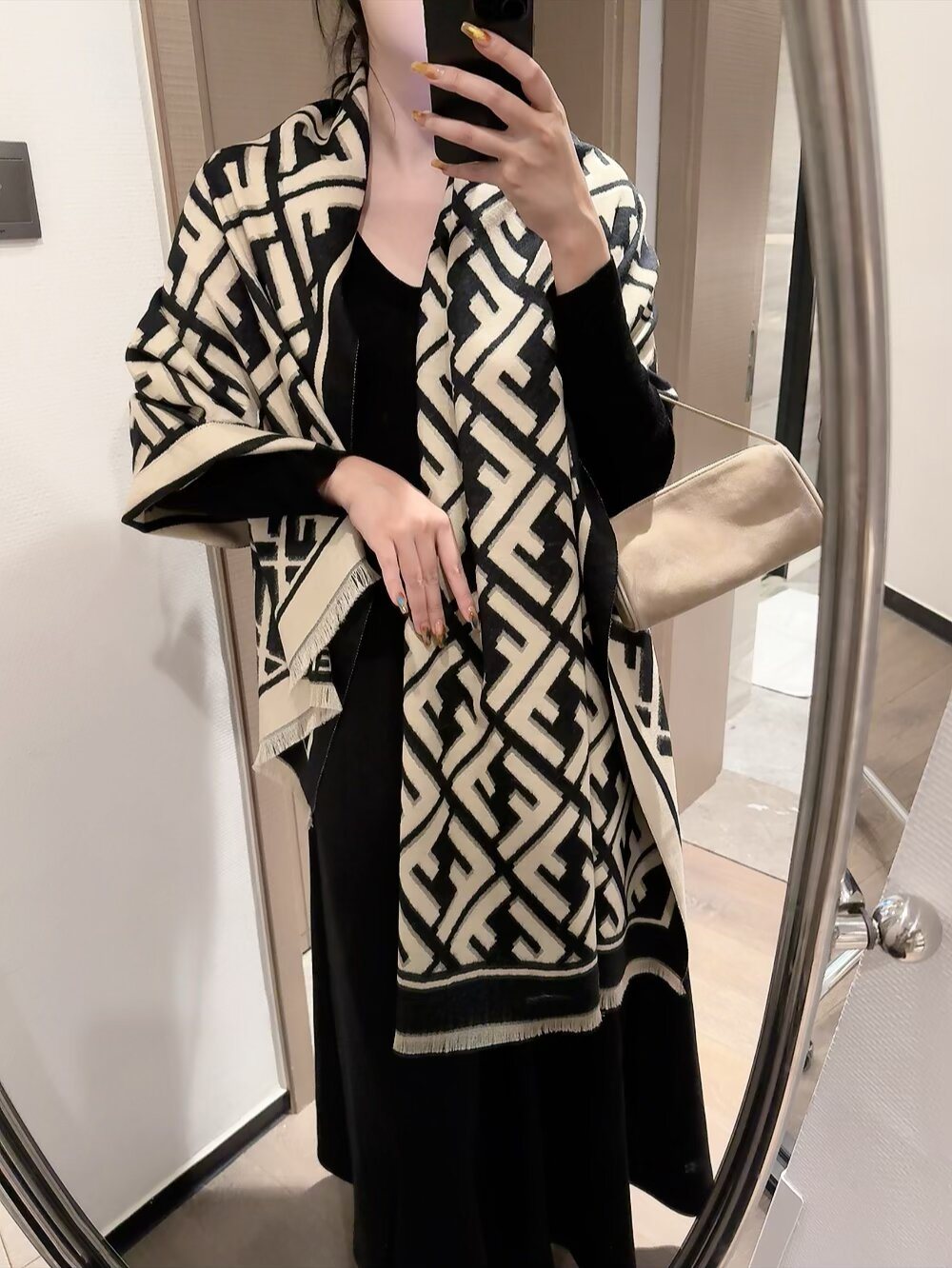 Fendi Geometric Monogram Fringe Scarf