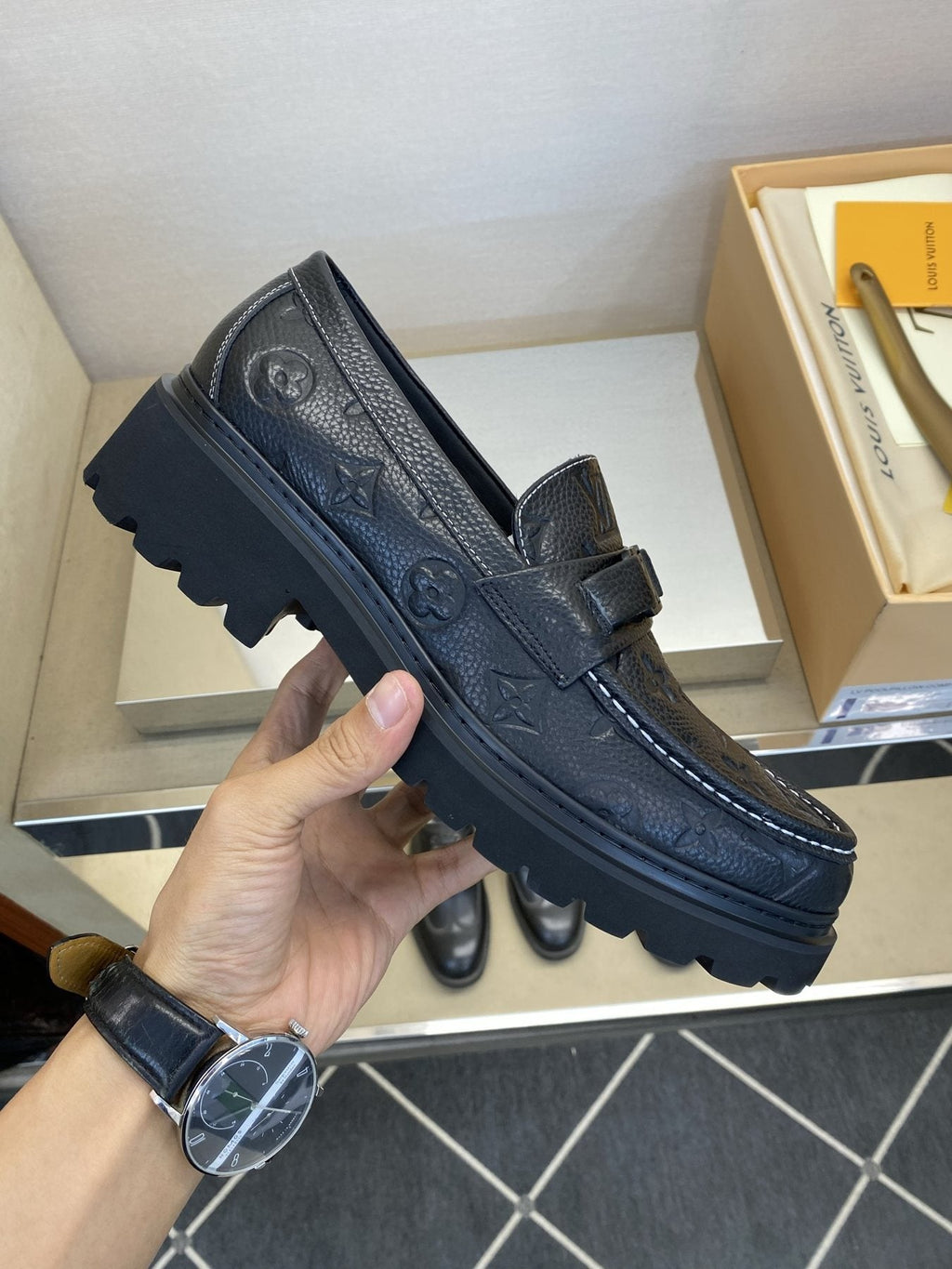 Louis Vuitton Men's Black Monogram Lug Sole Loafers - Chunky Black Lug Outsole