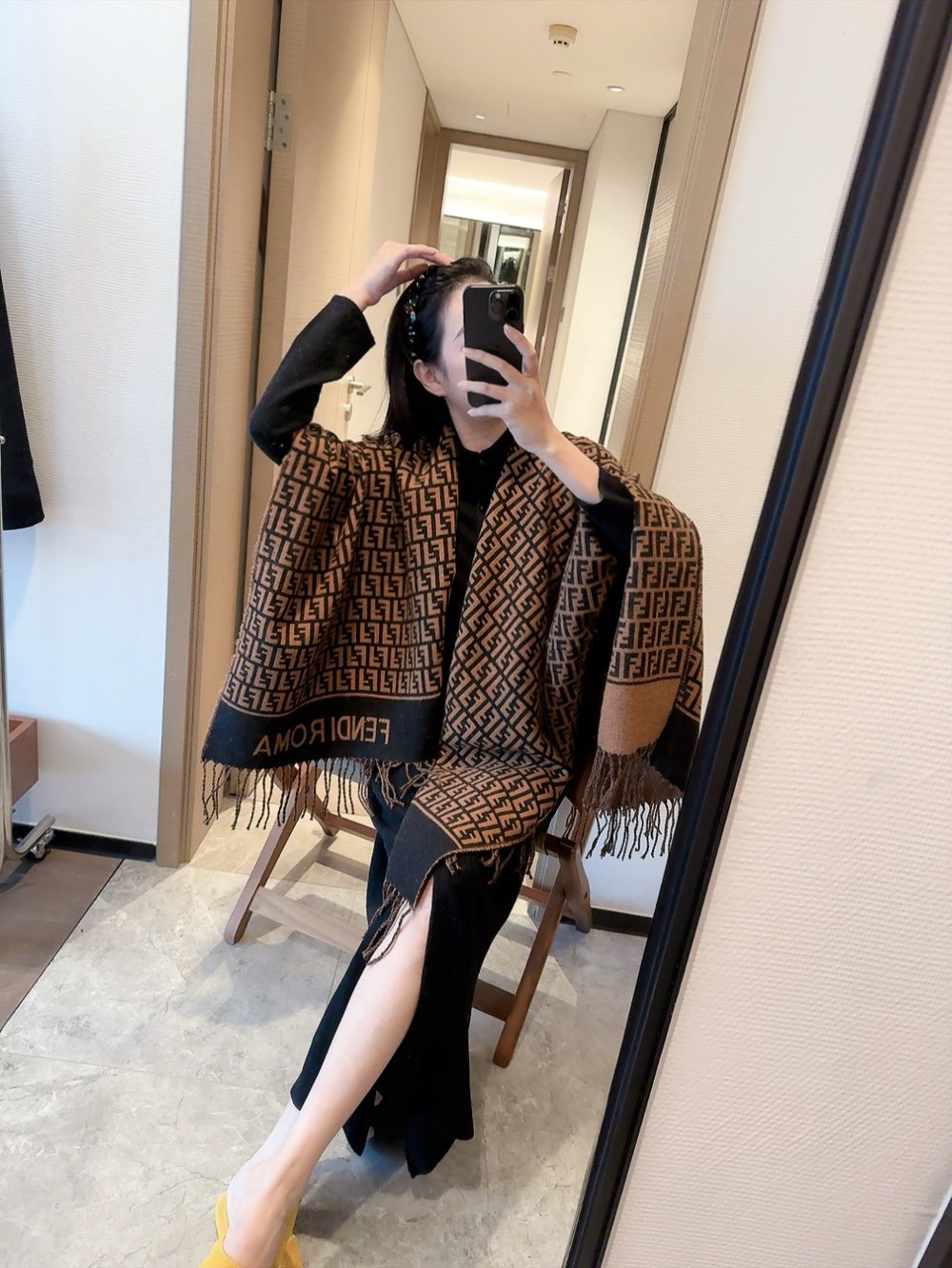 Fendi Brown and Black Fringed Cape