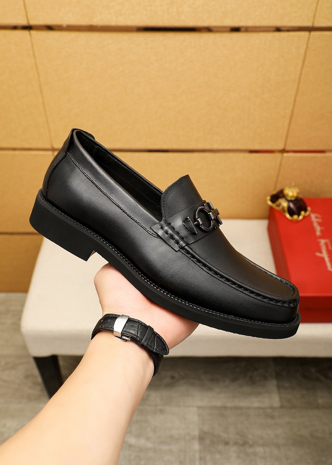 Ferragamo Black Hardware Loafers - Stacked Heel