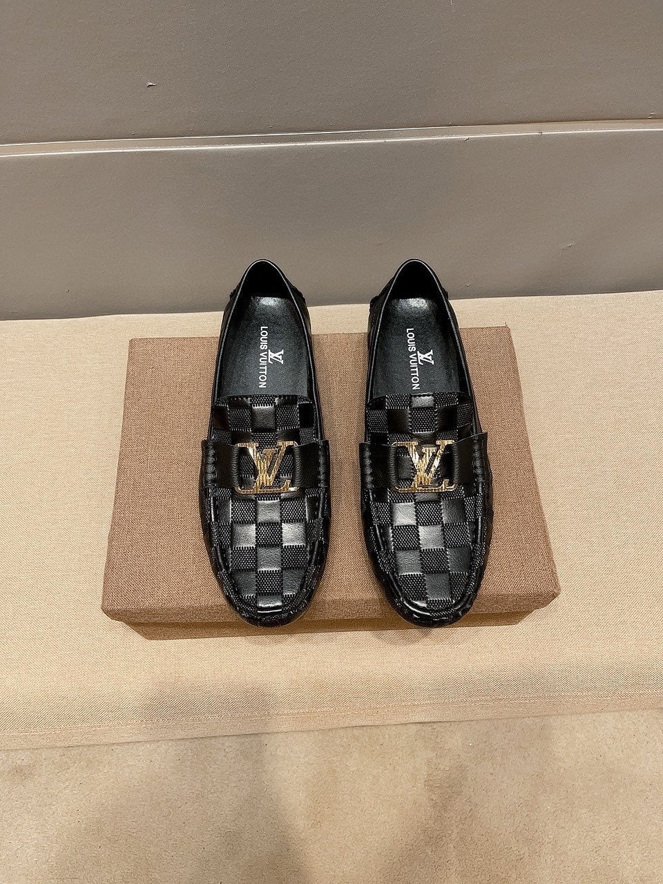 Louis Vuitton Men's Checker-Woven Buckle Loafers - Black and Dark Gray