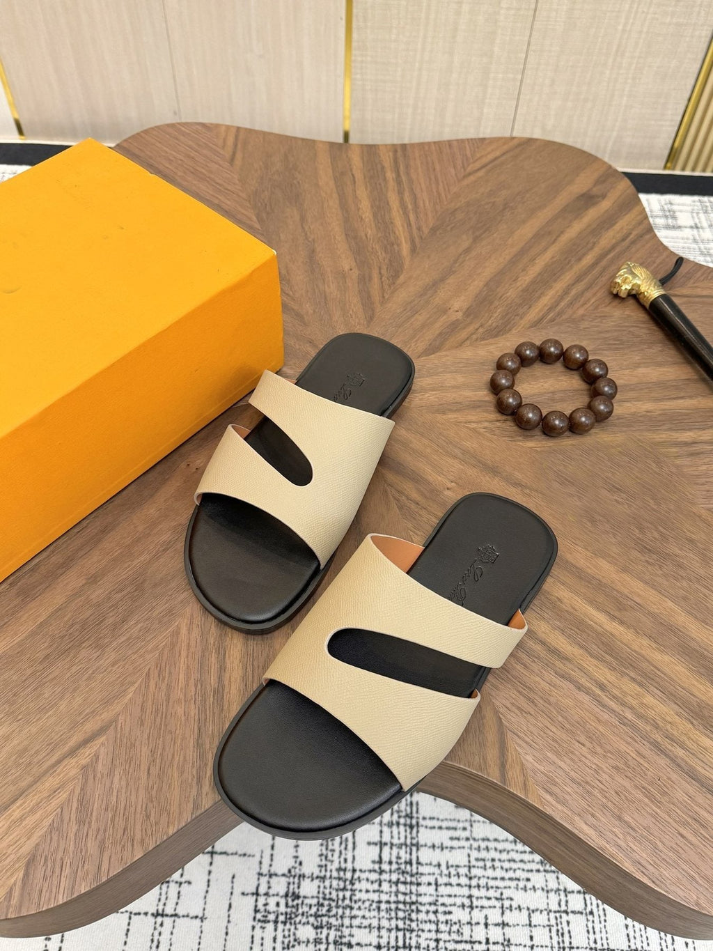Loro Piana Cream and Black Slide Sandals