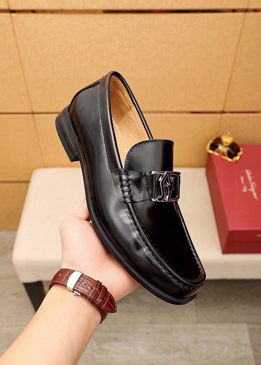 Ferragamo Black Leather Hardware Loafers - Rounded Toe
