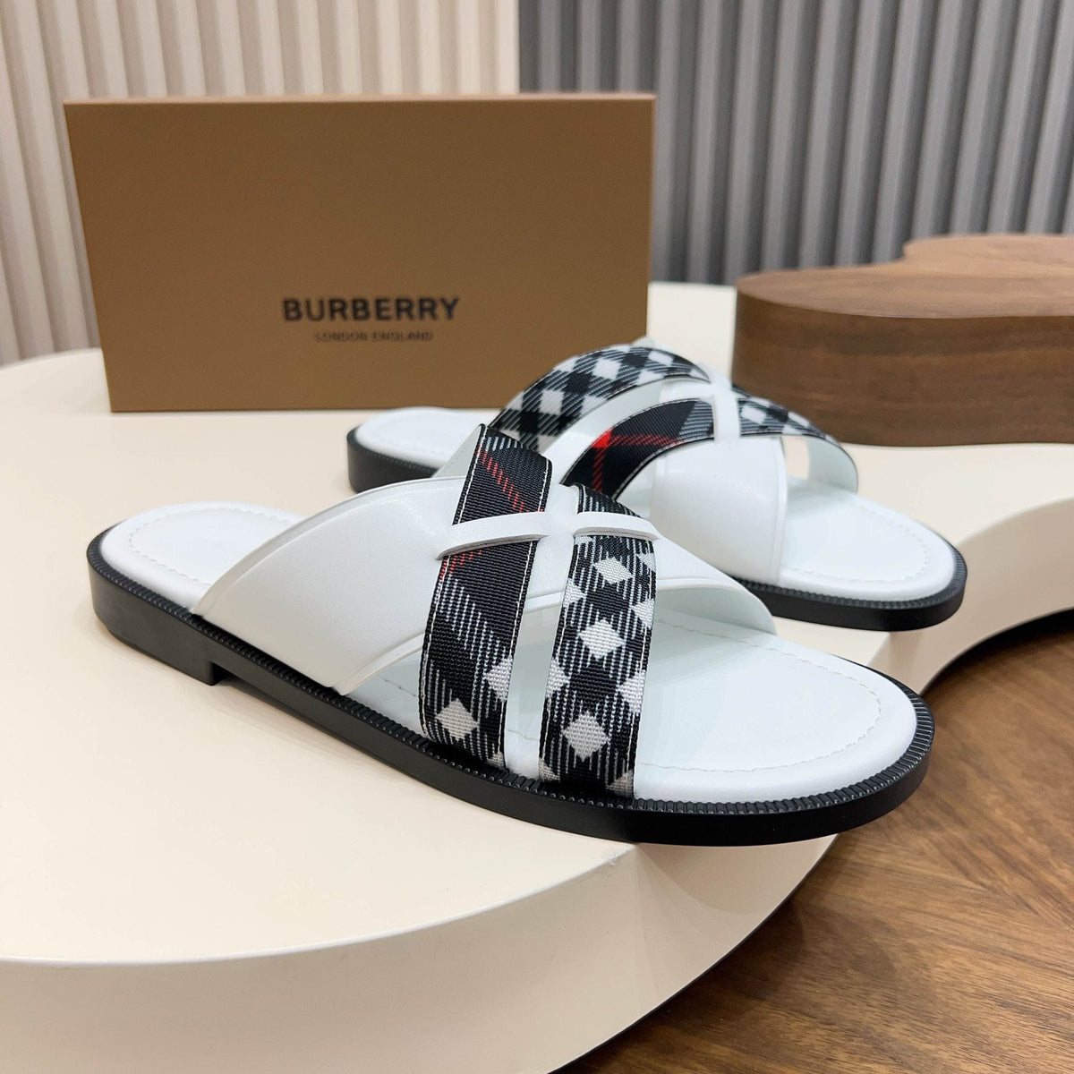 Burberry Plaid Cross-Strap Slide Sandals - Check Pattern