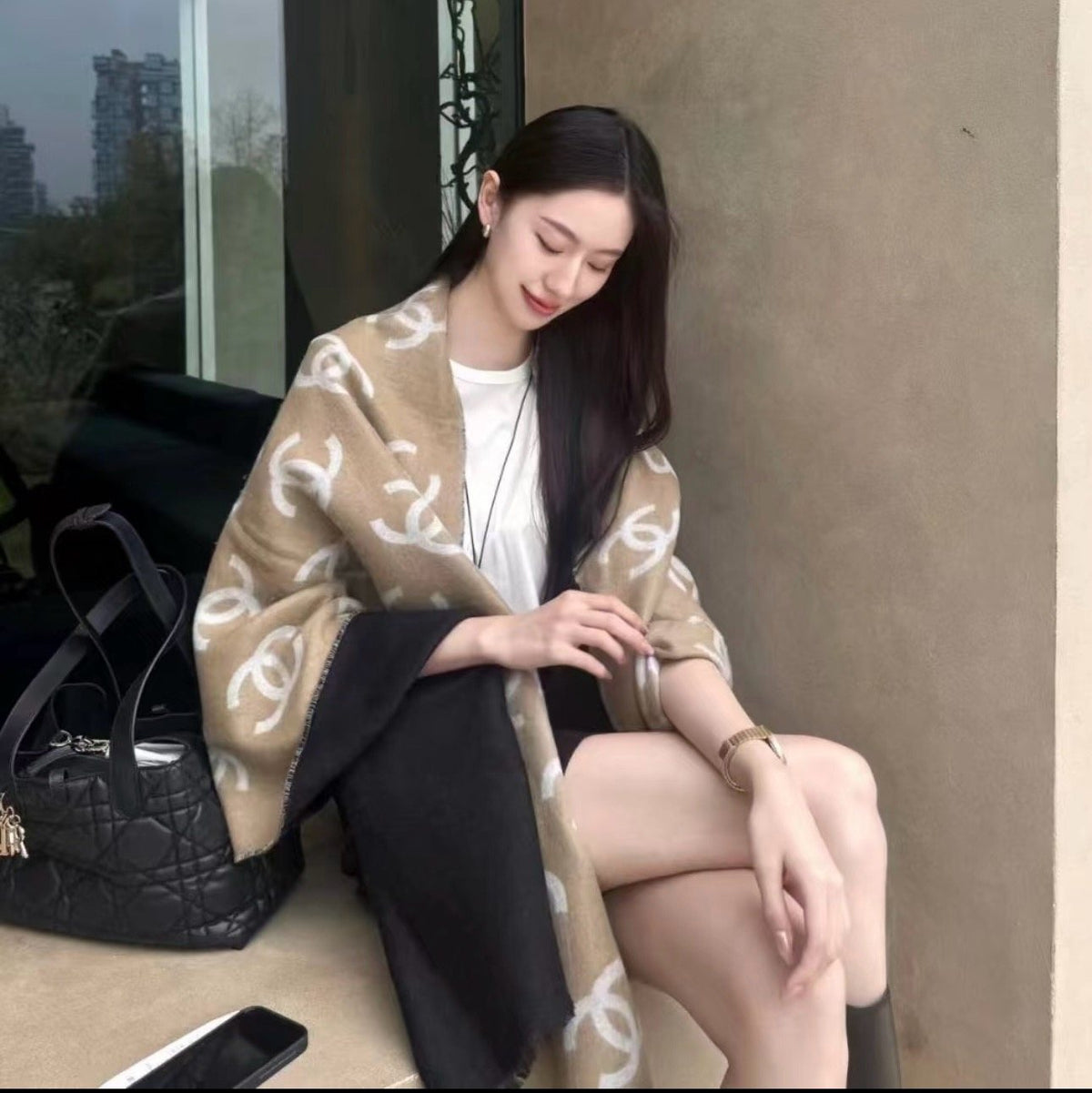 Chanel Reversible Logo Motif Scarf Shawl