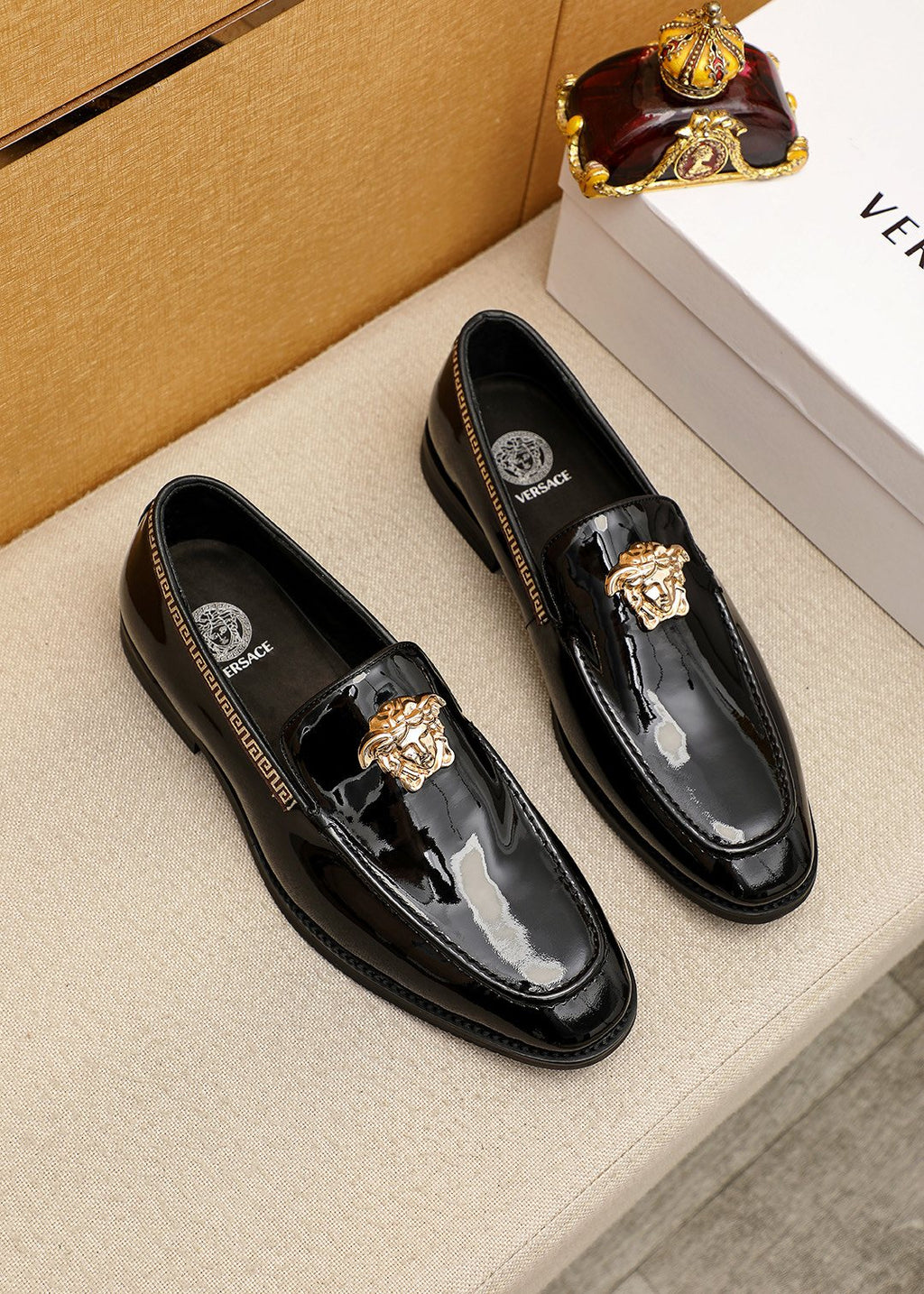 Versace Black Glossy Hardware Loafers