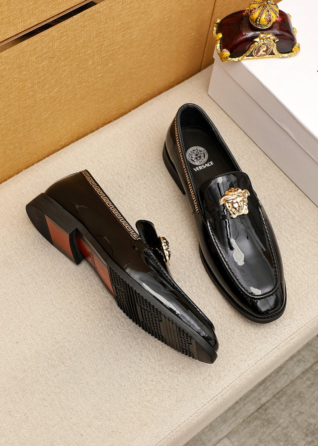 Versace Black Glossy Hardware Loafers