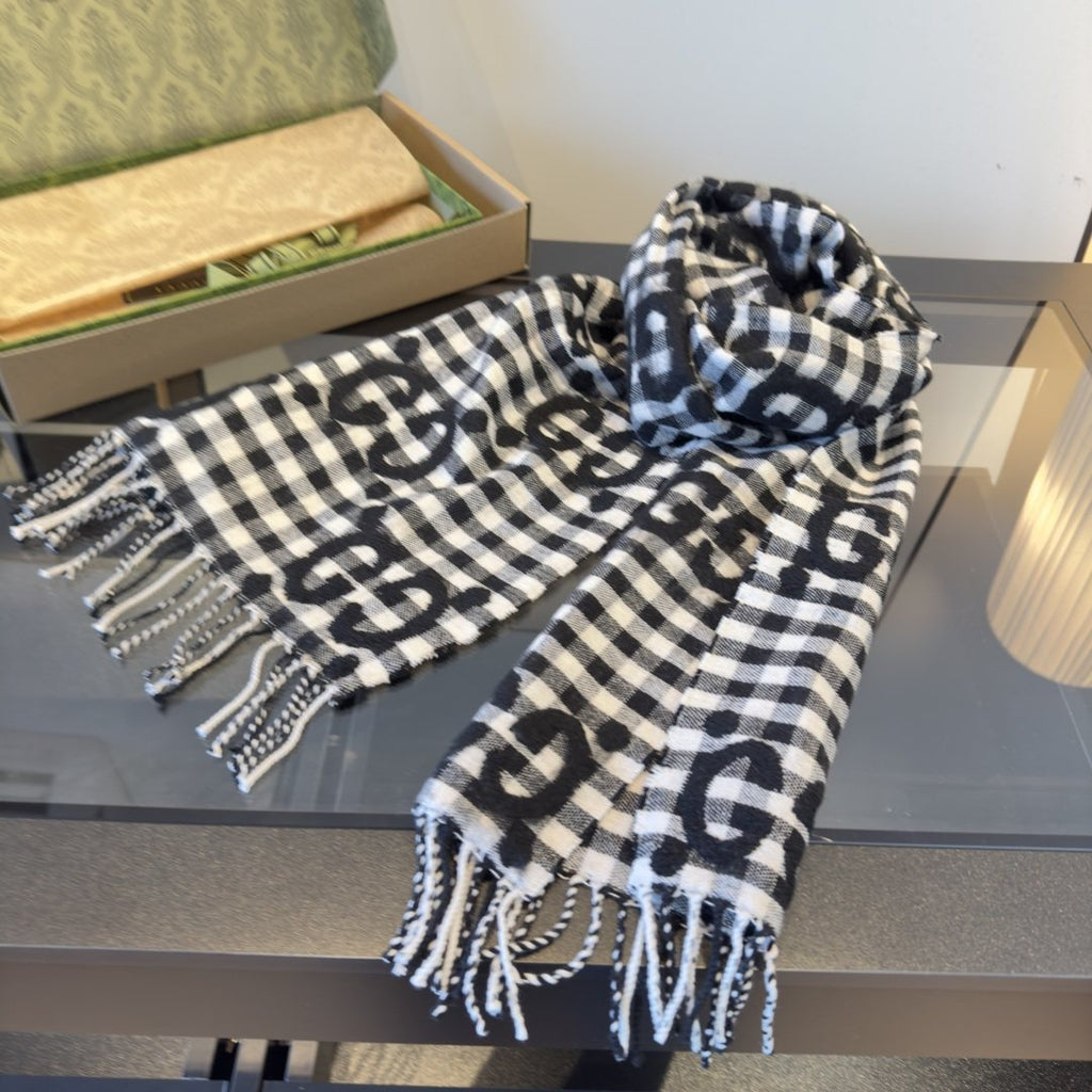 Gucci Black and White Check Fringe Scarf