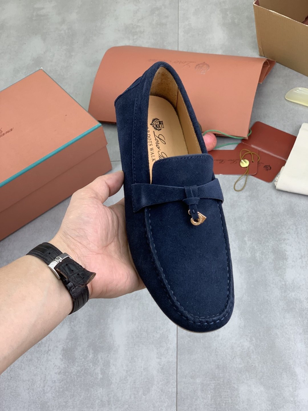 Loro Piana Navy Blue Moc-Toe Loafers