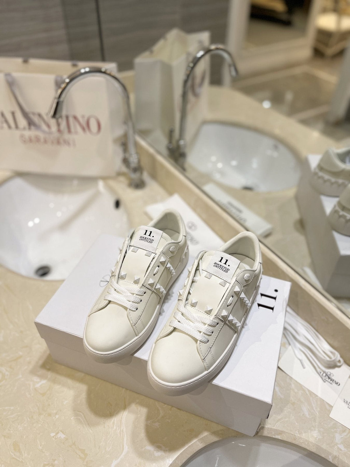 Valentino White Silver Studded Low-Top Sneakers