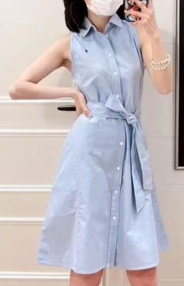 Ralph Lauren Sleeveless Cotton Oxford Shirt Dress with Tie Waist